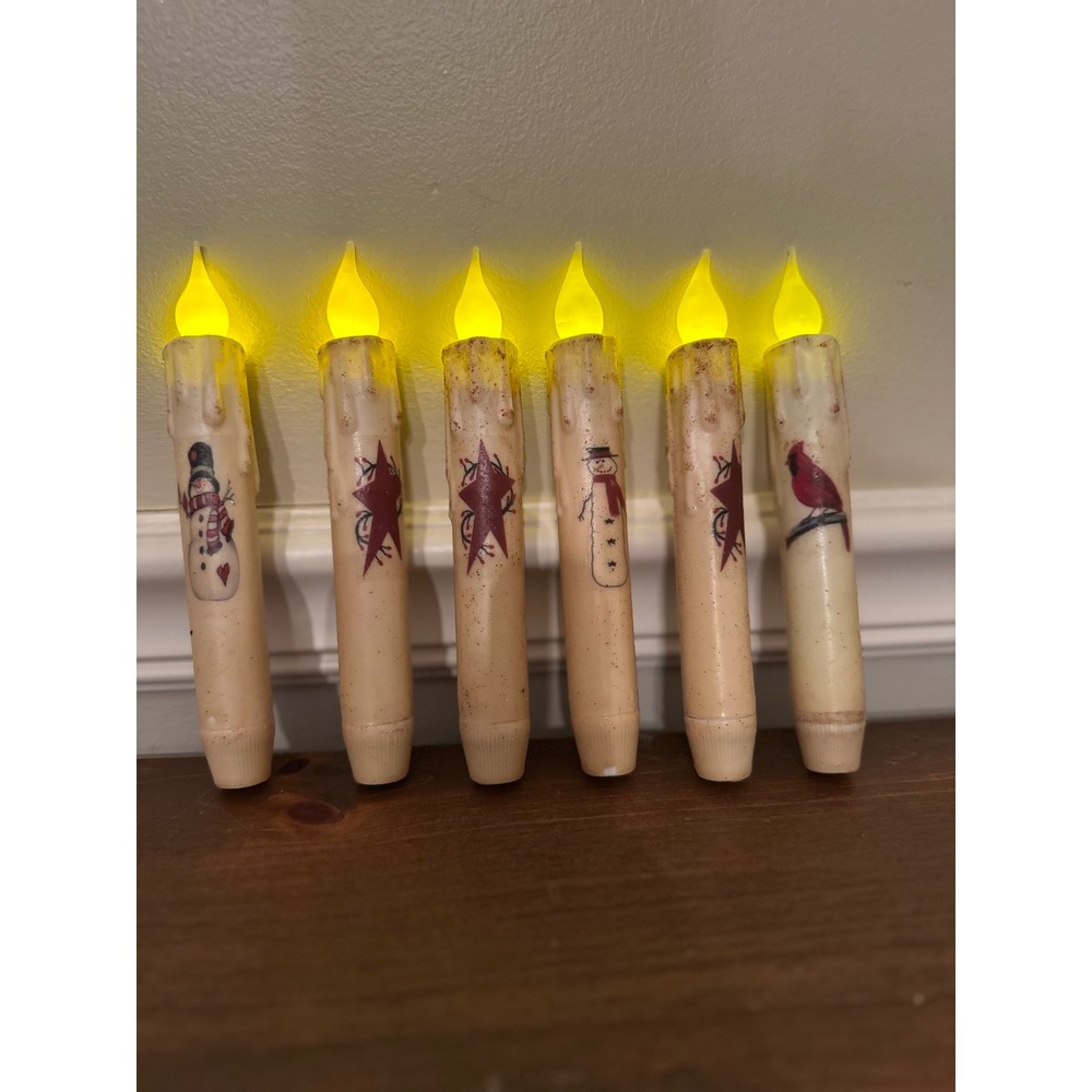 Set of 6 Primitive LED Window Taper Candles Snowman Star Cardinal Holiday Decor